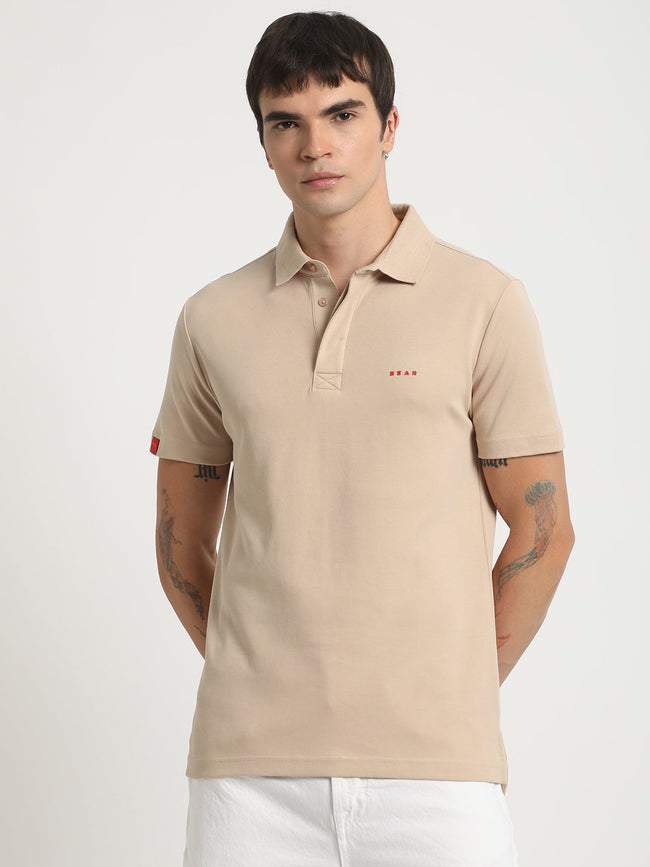 Men Beige Solid Slim Fit Polo Collar T-shirt