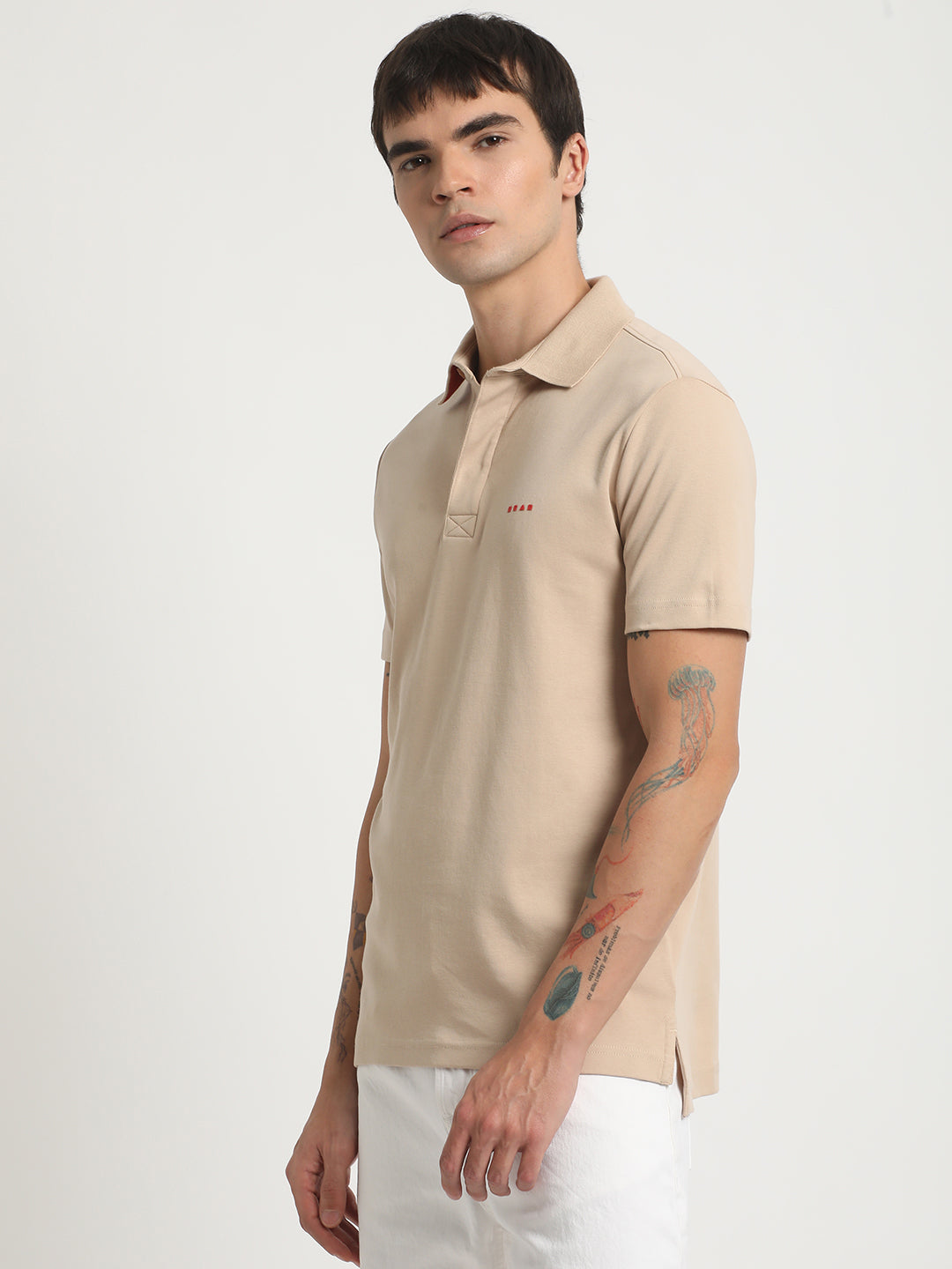 Men Beige Solid Slim Fit Polo Collar T-shirt