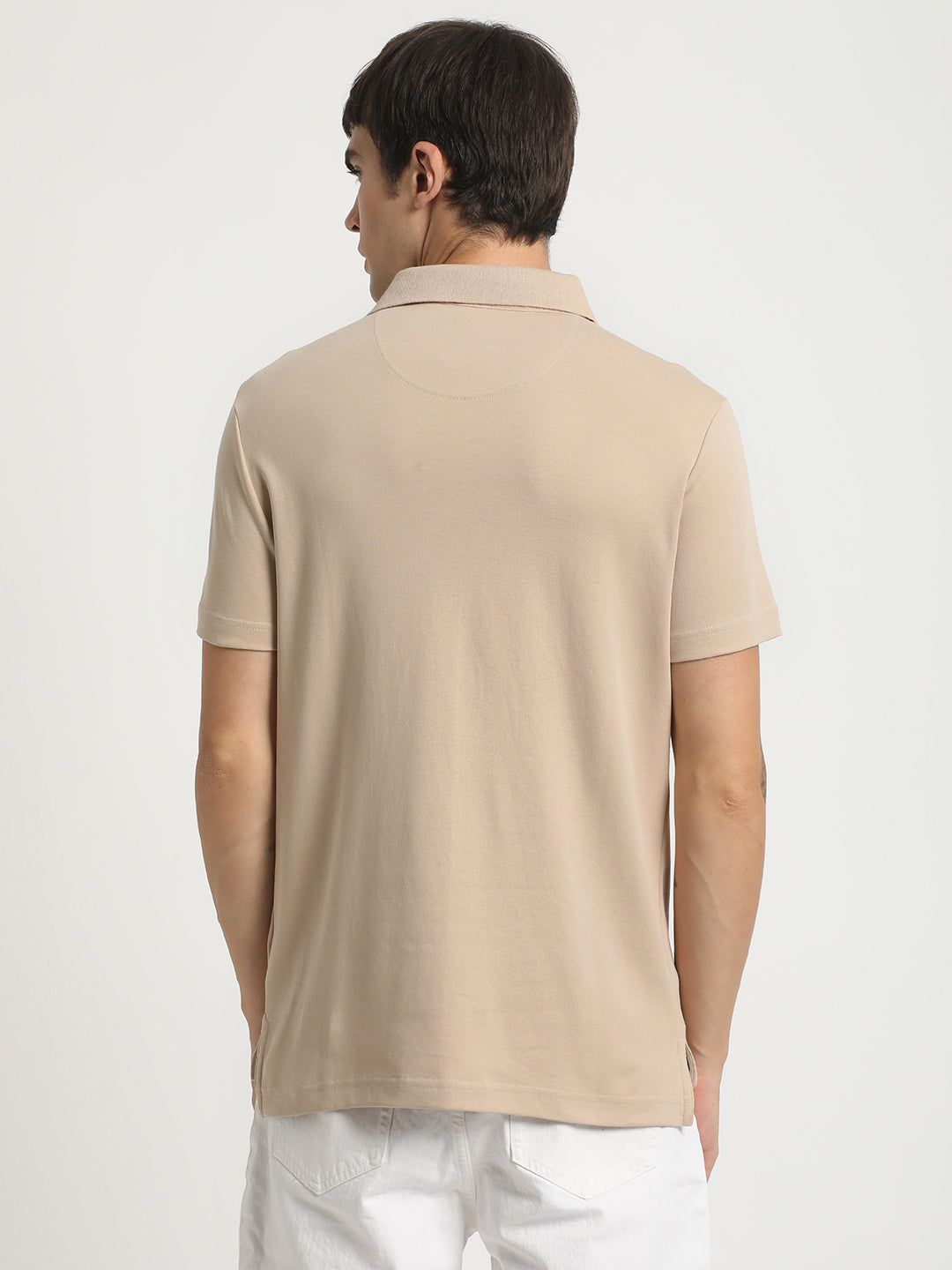 Men Beige Solid Slim Fit Polo Collar T-shirt