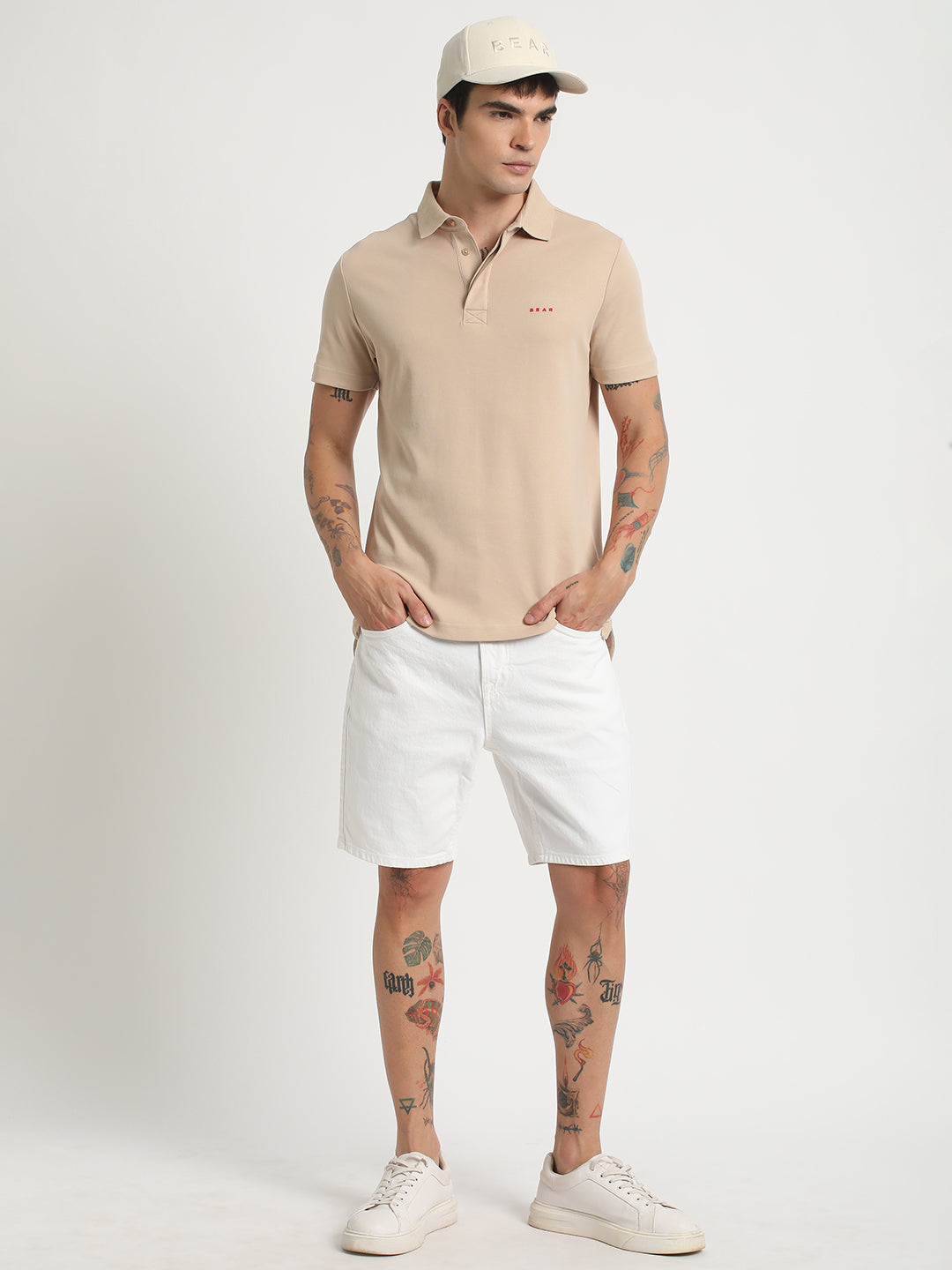 Men Beige Solid Slim Fit Polo Collar T-shirt