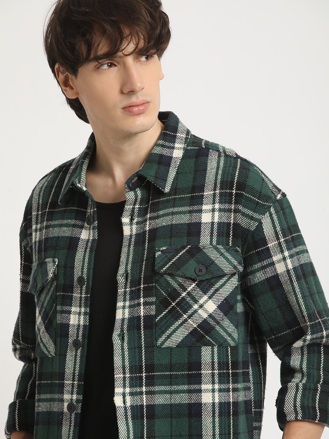 Men Green Checked Relax Fit Cotton Shacket