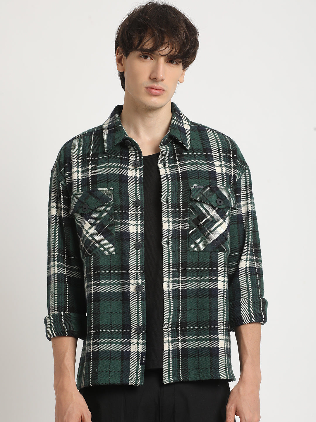 Men Green Checked Relax Fit Cotton Shacket