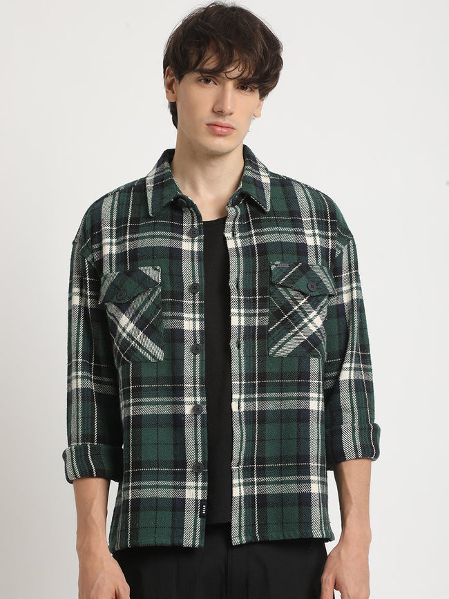 Men Green Checked Relax Fit Cotton Shacket