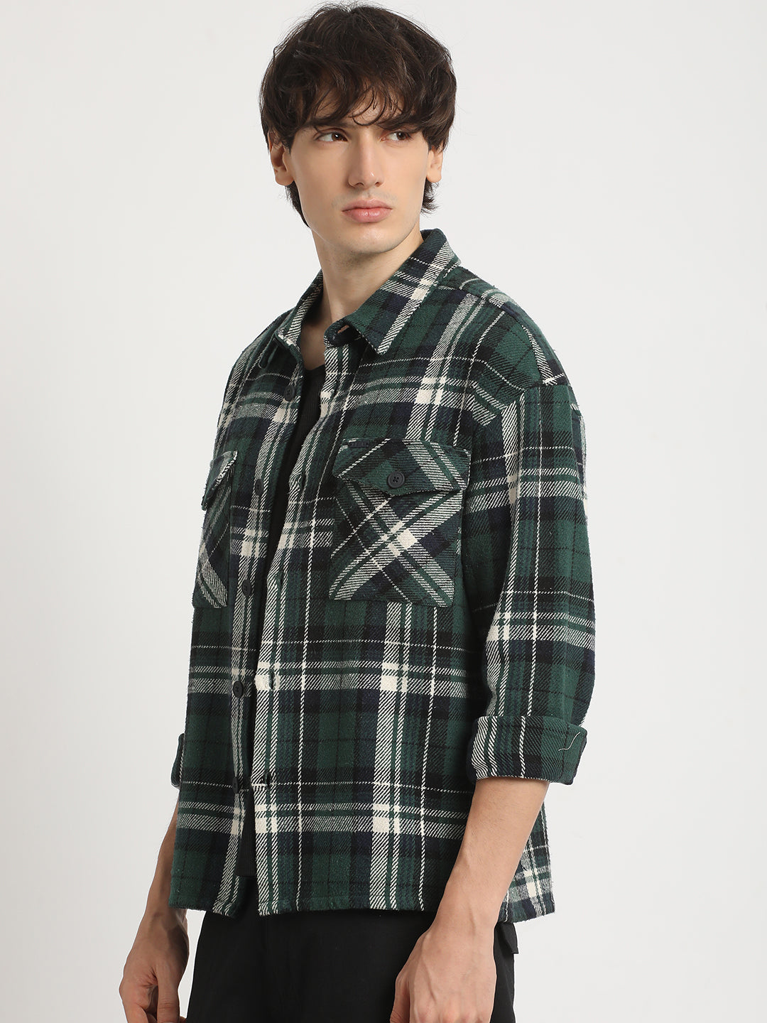 Men Green Checked Relax Fit Cotton Shacket