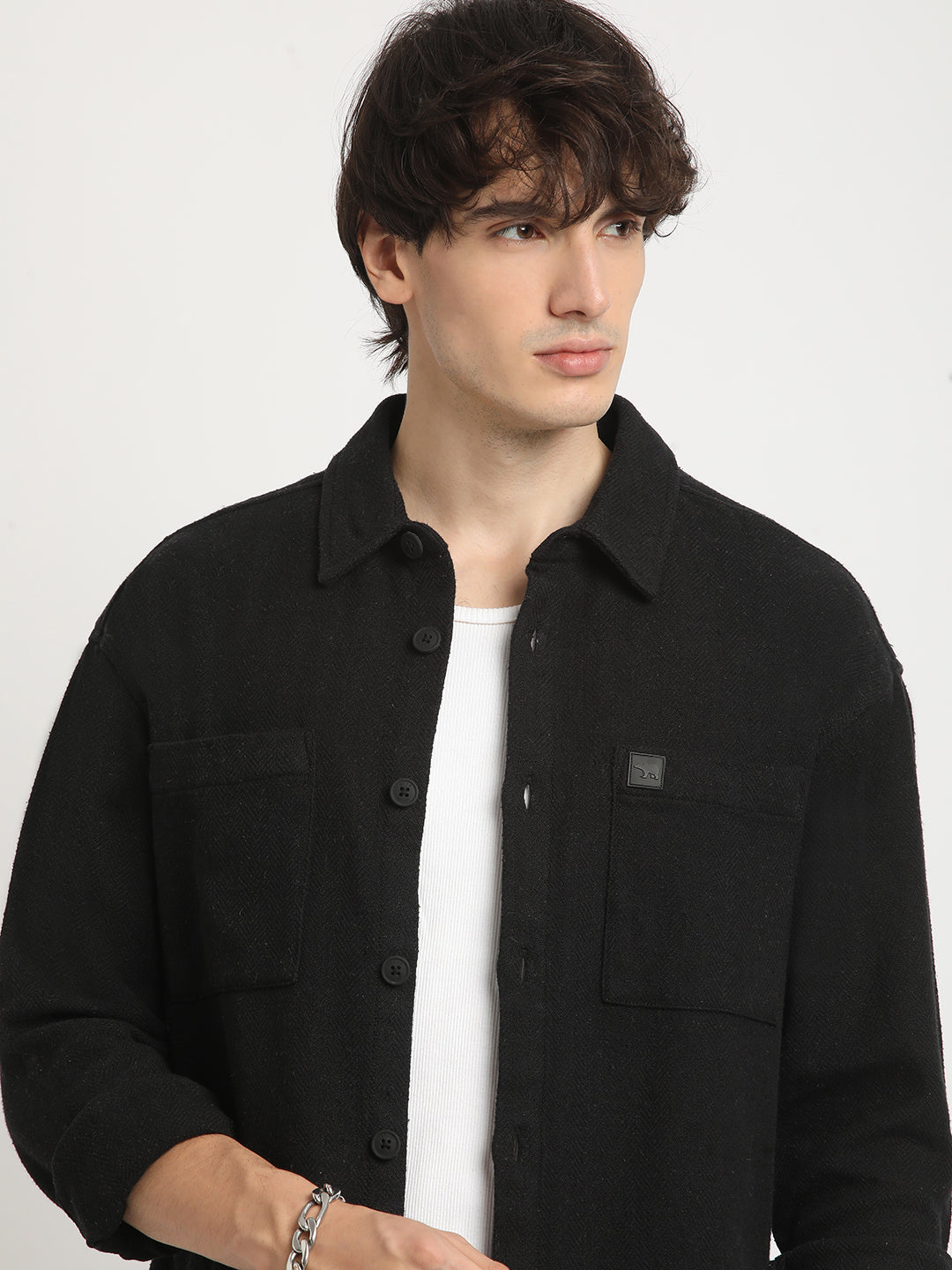 Men  Black Solid Regular Fit Cotton Overshirt