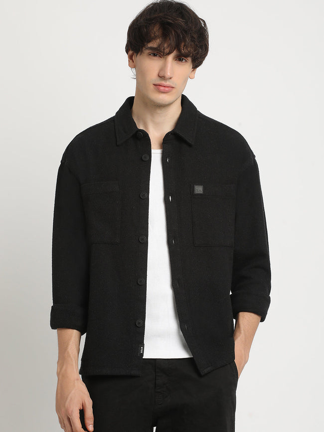 Men  Black Solid Regular Fit Cotton Overshirt