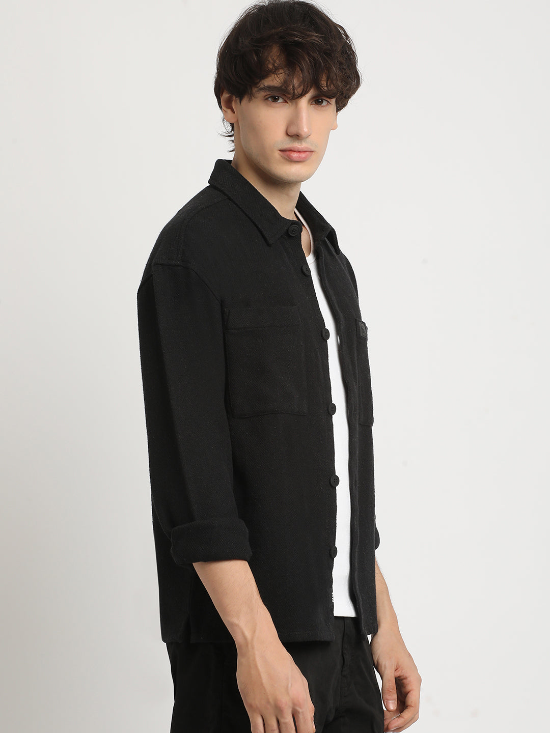 Men  Black Solid Regular Fit Cotton Overshirt