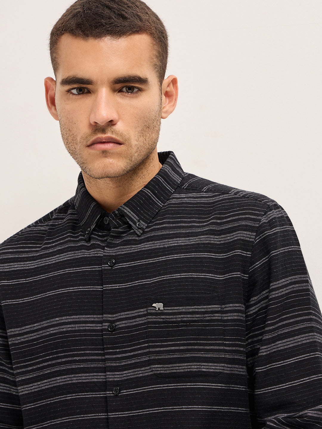 Men Black Horizontal Stripe Slim Fit Casual Shirt