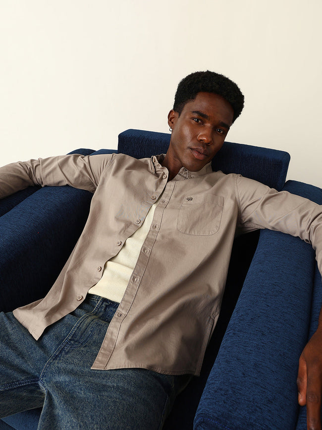 Men Brown Cotton Solid Shirt