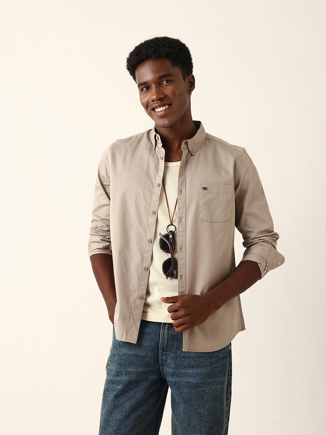 Men Brown Cotton Solid Shirt