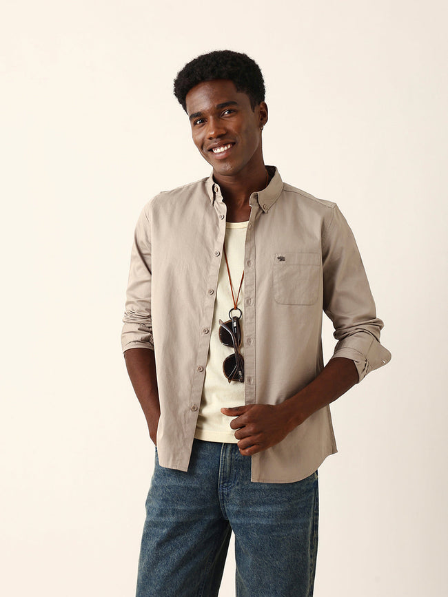 Men Brown Cotton Solid Shirt