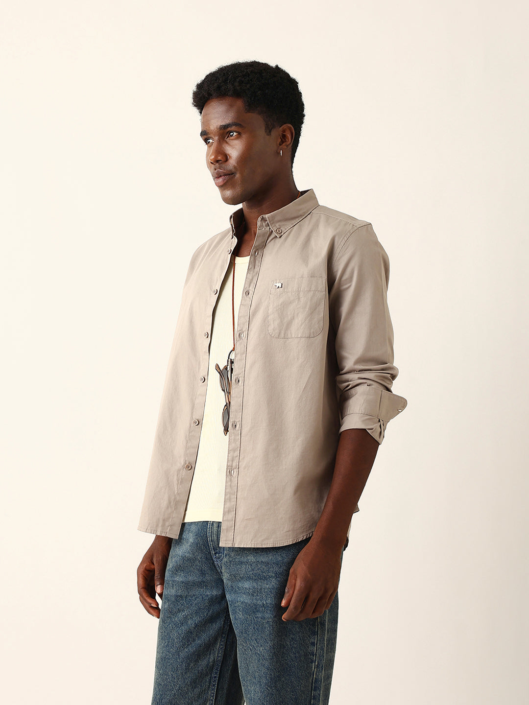 Men Brown Cotton Solid Shirt