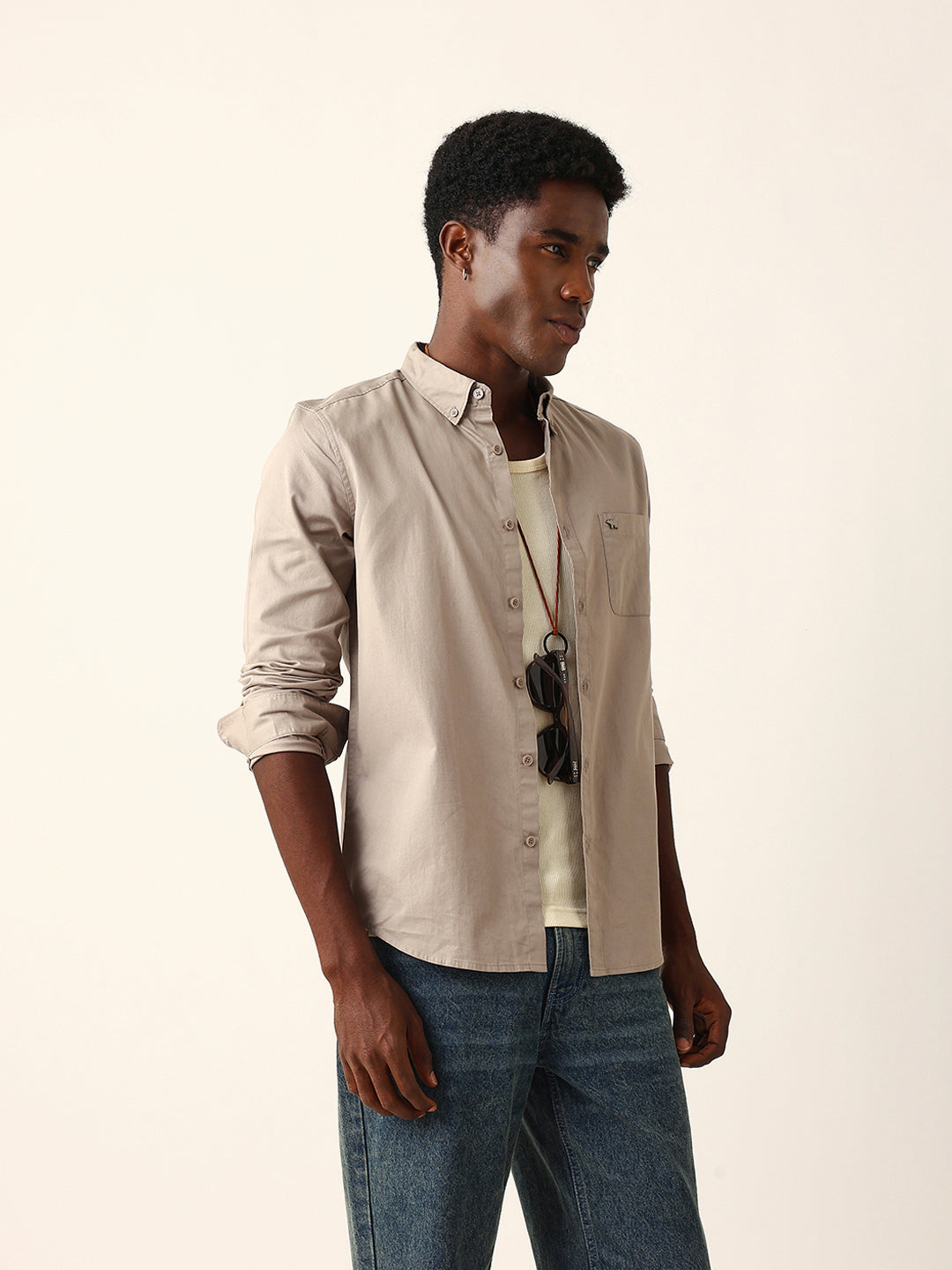 Men Brown Cotton Solid Shirt