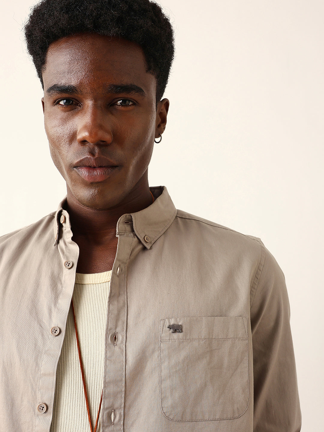 Men Brown Cotton Solid Shirt