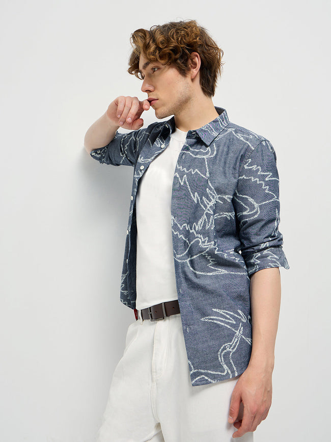 Men Blue Printed Slim Fit Casual Shirt