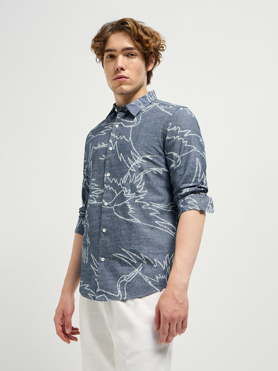 Men Blue Printed Slim Fit Casual Shirt