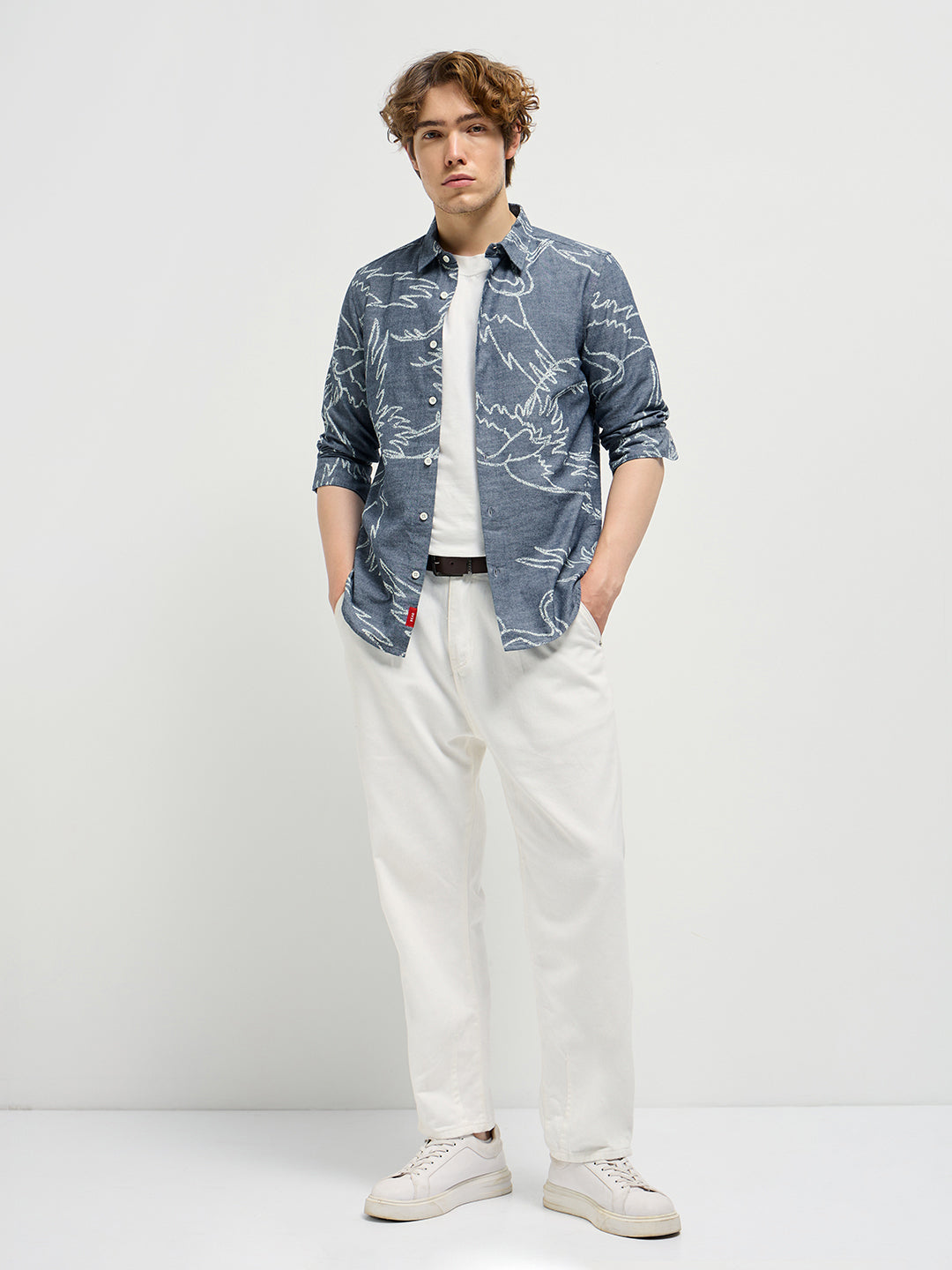 Men Blue Printed Slim Fit Casual Shirt