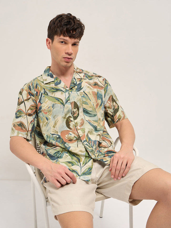 Men Multicolor Abstract Botanical Print Oversized Fit Half Sleeve Shirt