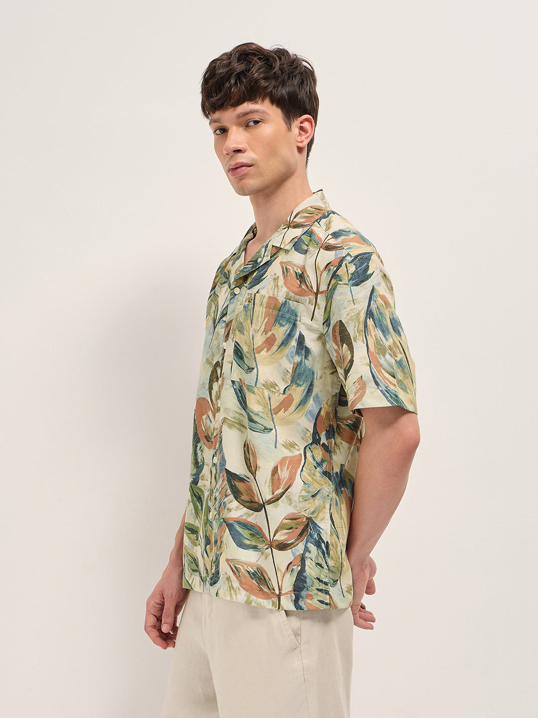 Men Multicolor Abstract Botanical Print Oversized Fit Half Sleeve Shirt