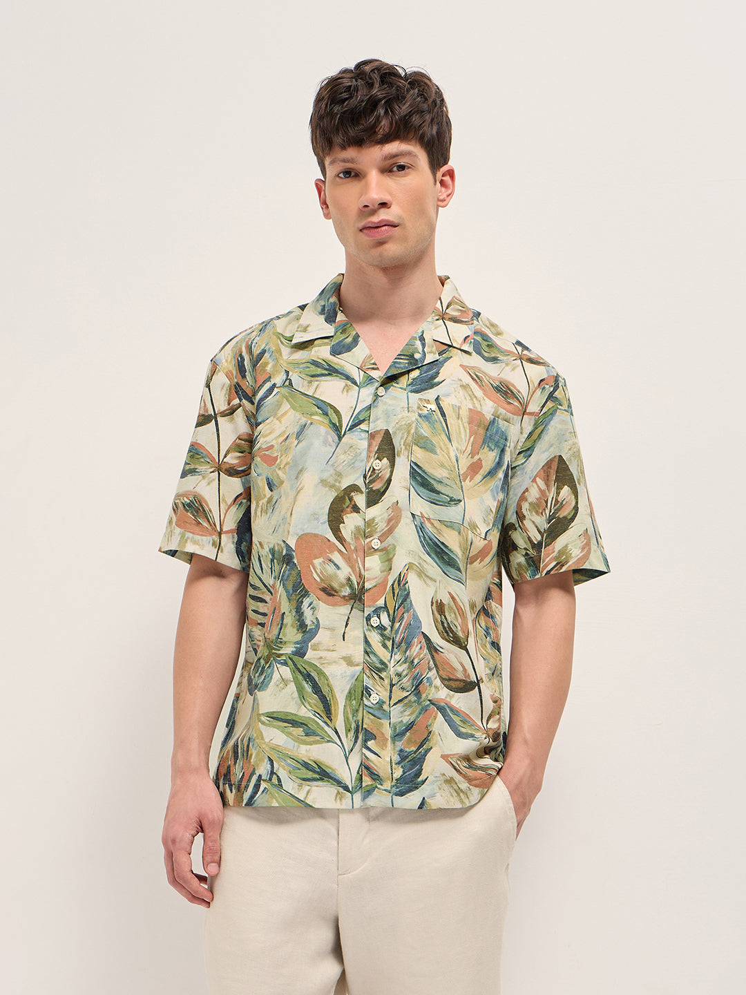 Men Multicolor Abstract Botanical Print Oversized Fit Half Sleeve Shirt