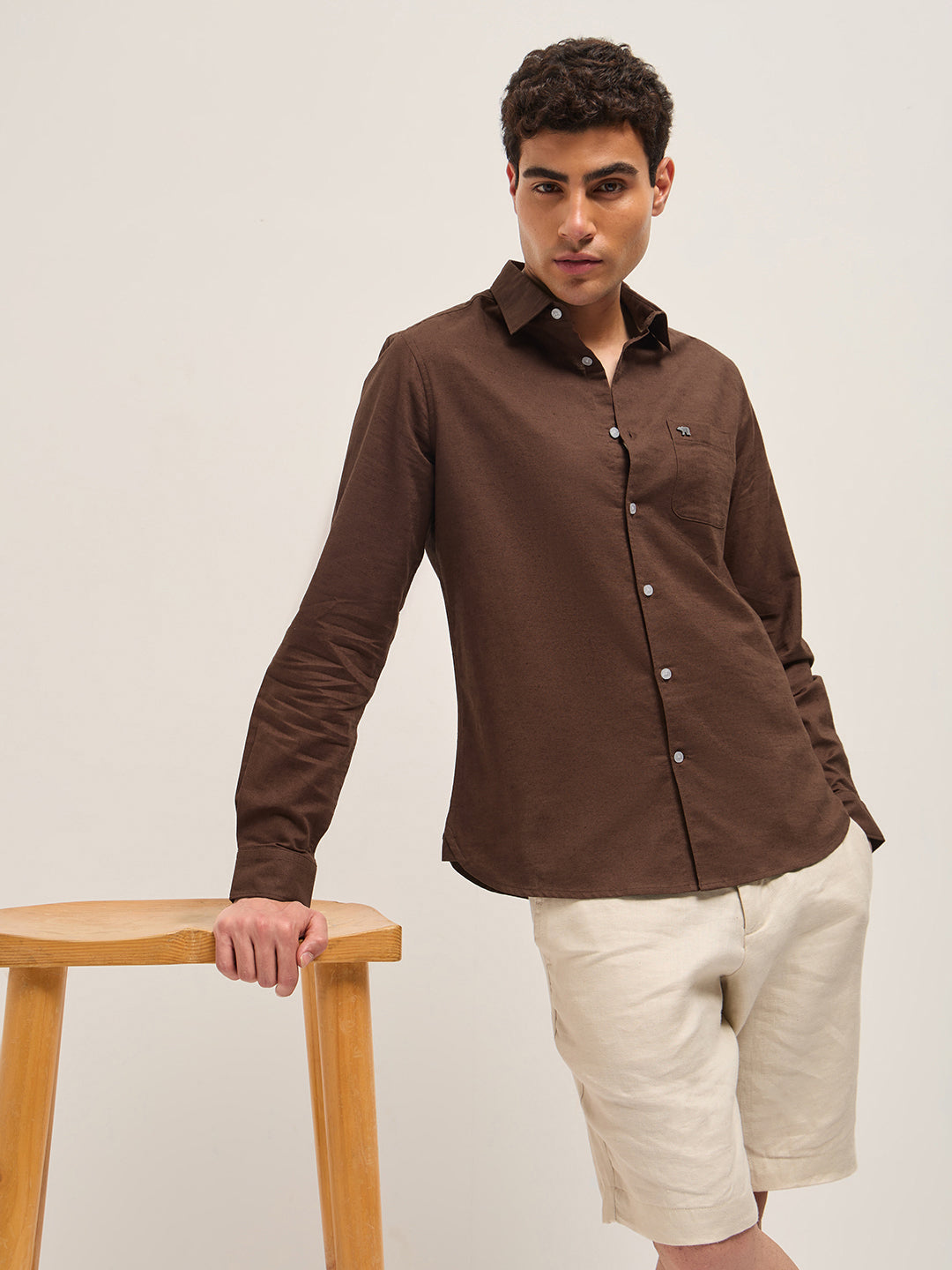 Men Brown Cotton Linen Slim Fit Solid Casual Shirt