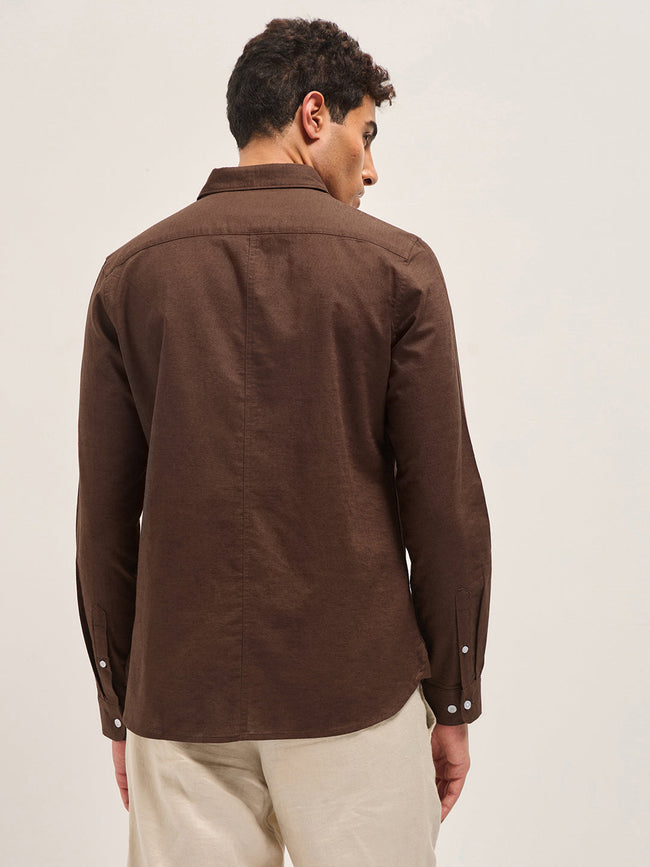 Men Brown Cotton Linen Slim Fit Solid Casual Shirt