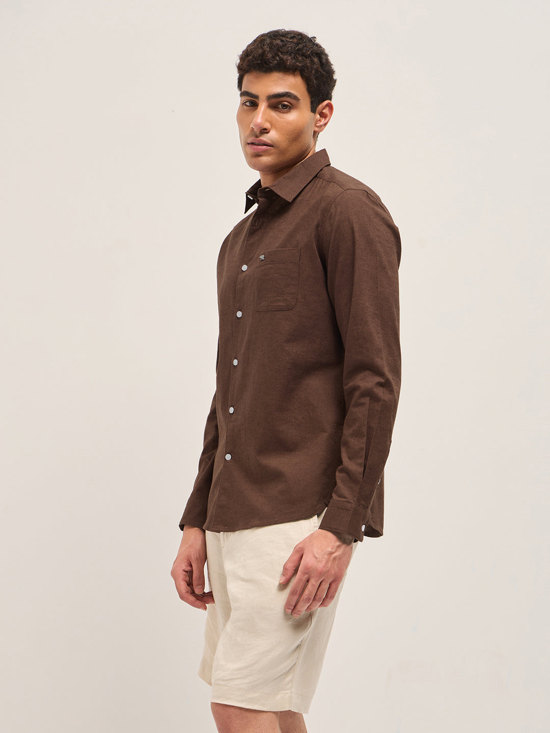 Men Brown Cotton Linen Slim Fit Solid Casual Shirt