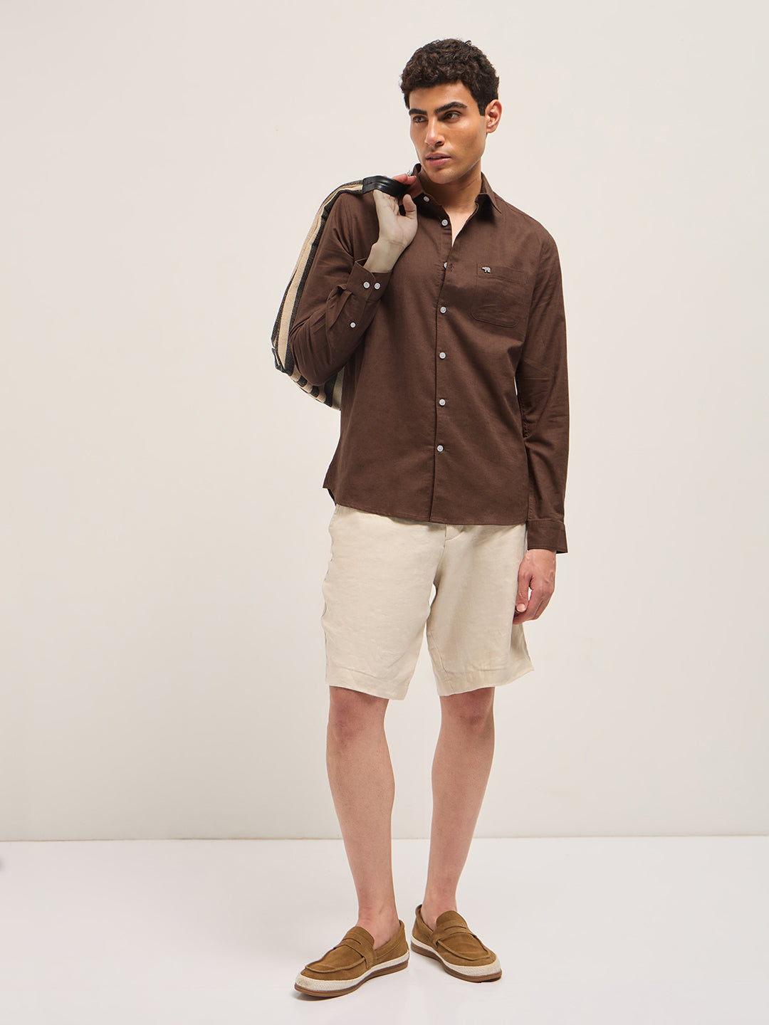Men Brown Cotton Linen Slim Fit Solid Casual Shirt