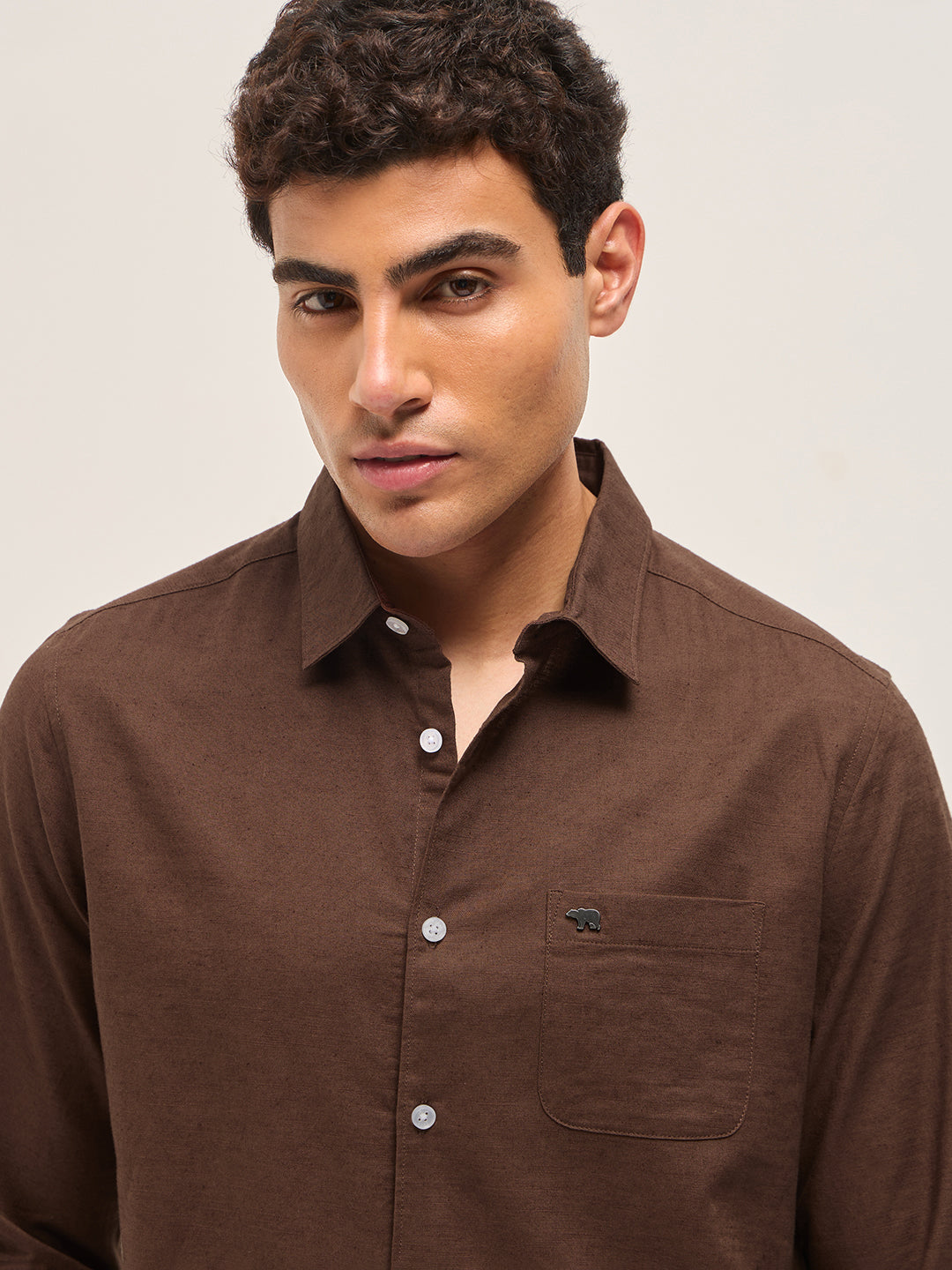 Men Brown Cotton Linen Slim Fit Solid Casual Shirt