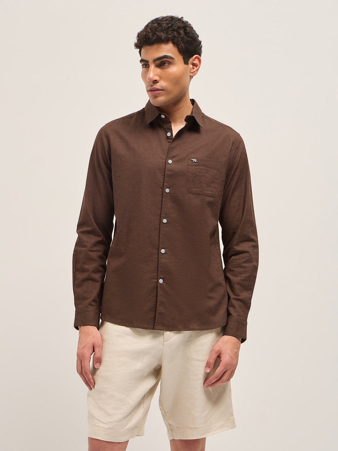 Men Brown Cotton Linen Slim Fit Solid Casual Shirt
