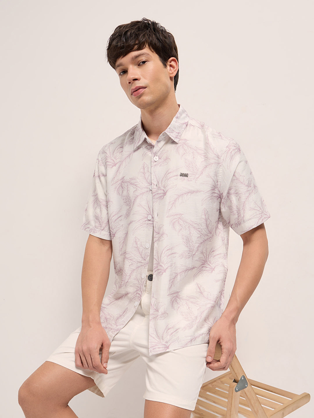 Men Peach and White Leafy Botanical Print Relaxed Fit Casual Shirt