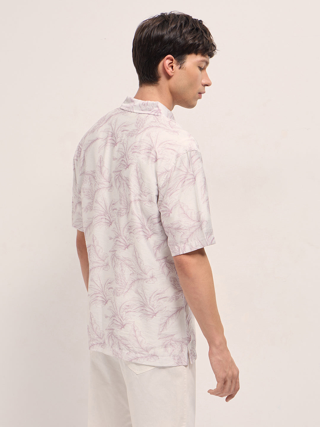 Men Peach and White Leafy Botanical Print Relaxed Fit Casual Shirt