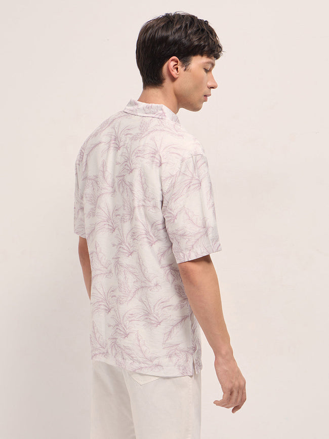 Men Peach and White Leafy Botanical Print Relaxed Fit Casual Shirt