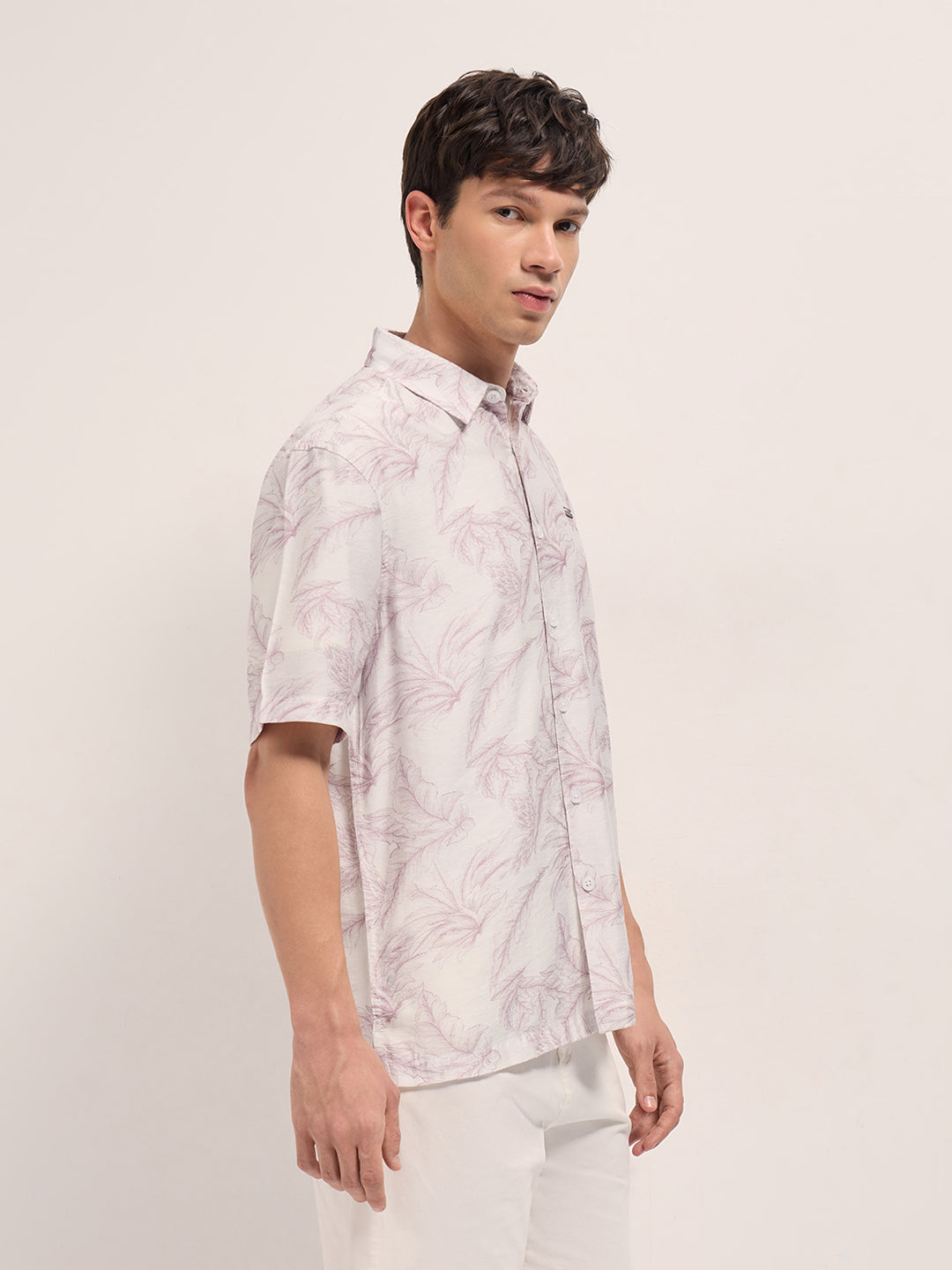 Men Peach and White Leafy Botanical Print Relaxed Fit Casual Shirt