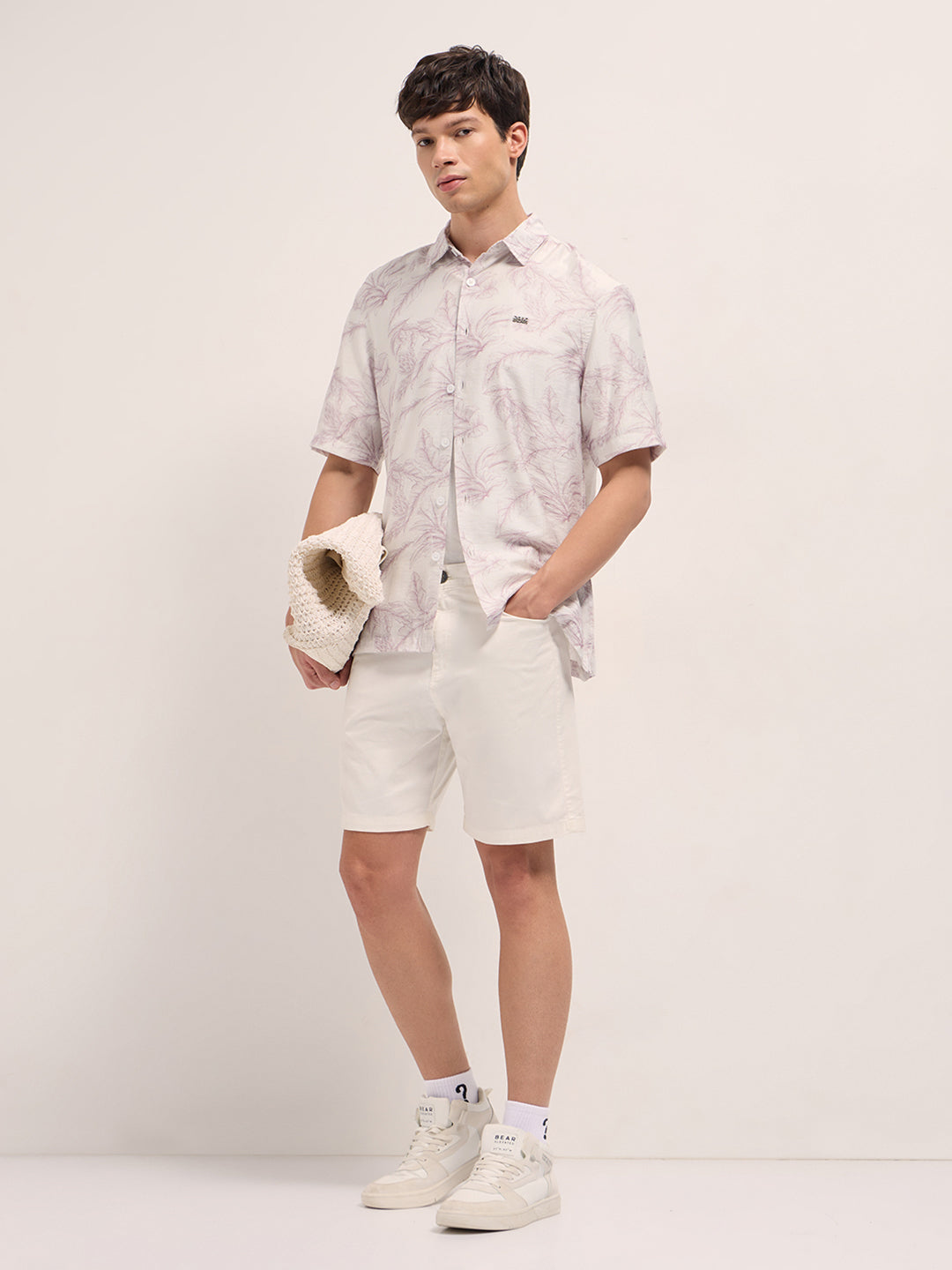 Men Peach and White Leafy Botanical Print Relaxed Fit Casual Shirt
