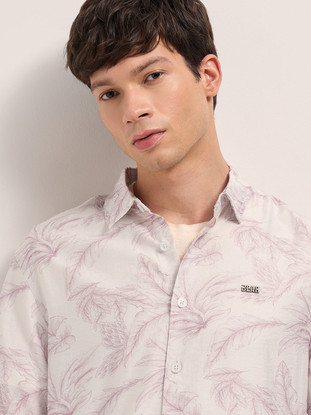 Men Peach and White Leafy Botanical Print Relaxed Fit Casual Shirt