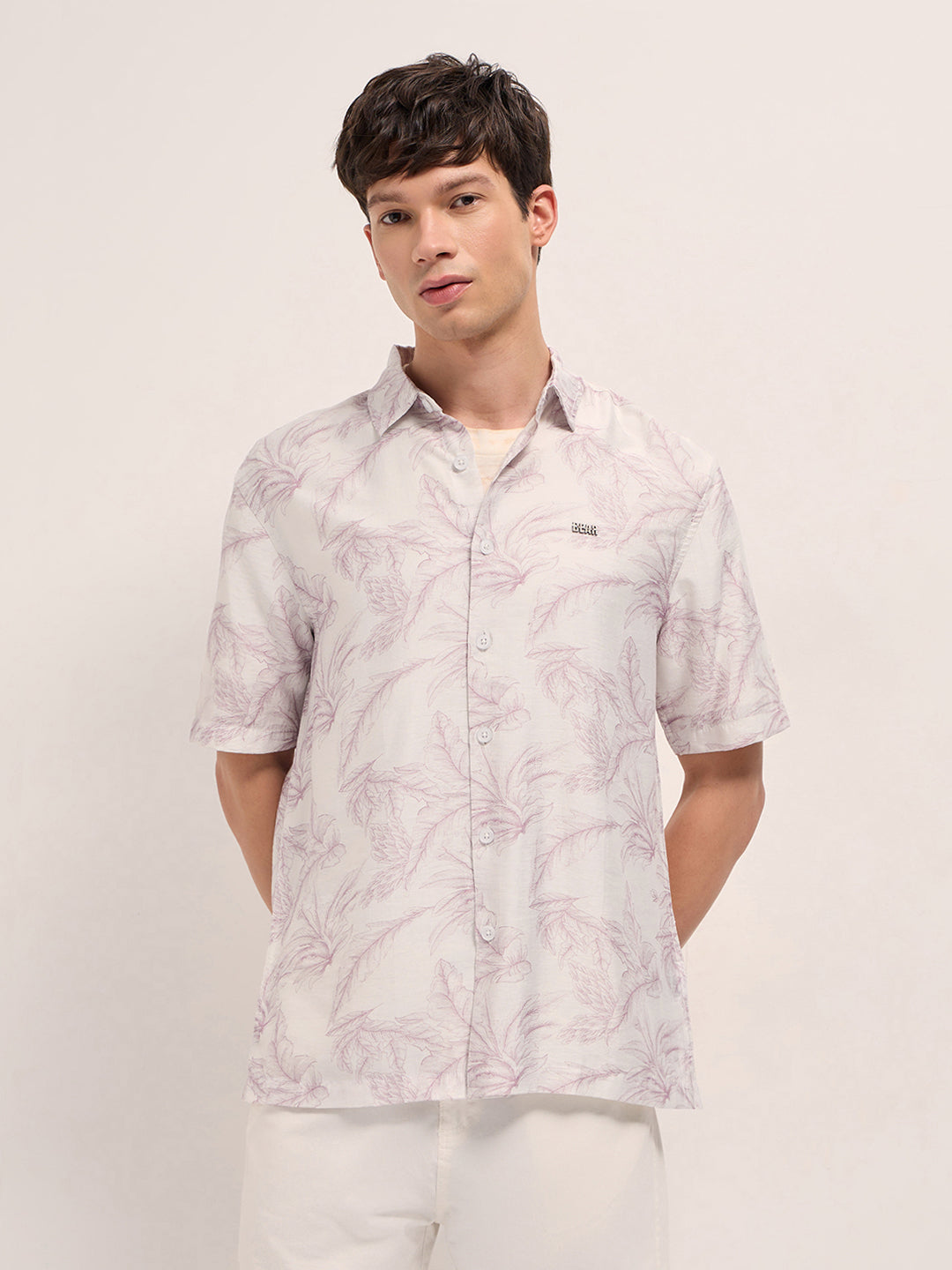 Men Peach and White Leafy Botanical Print Relaxed Fit Casual Shirt