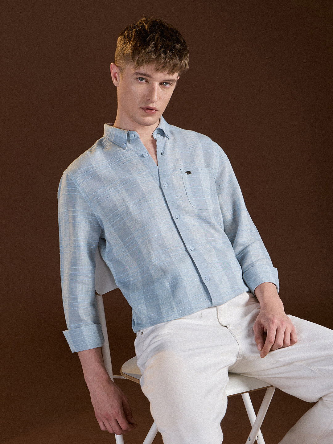 Men Light Blue Textured Stripes Slim Fit Casual Shirt