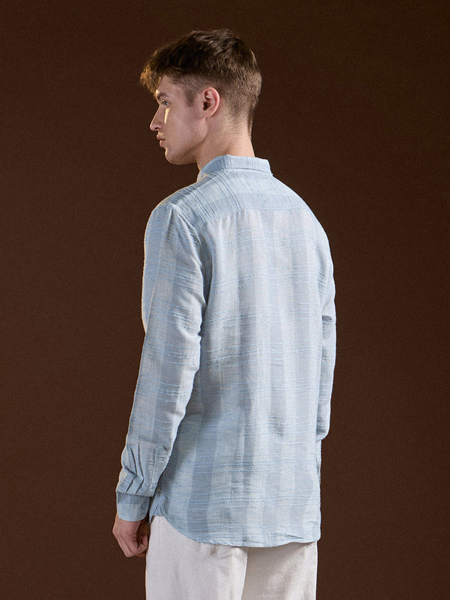 Men Light Blue Textured Stripes Slim Fit Casual Shirt