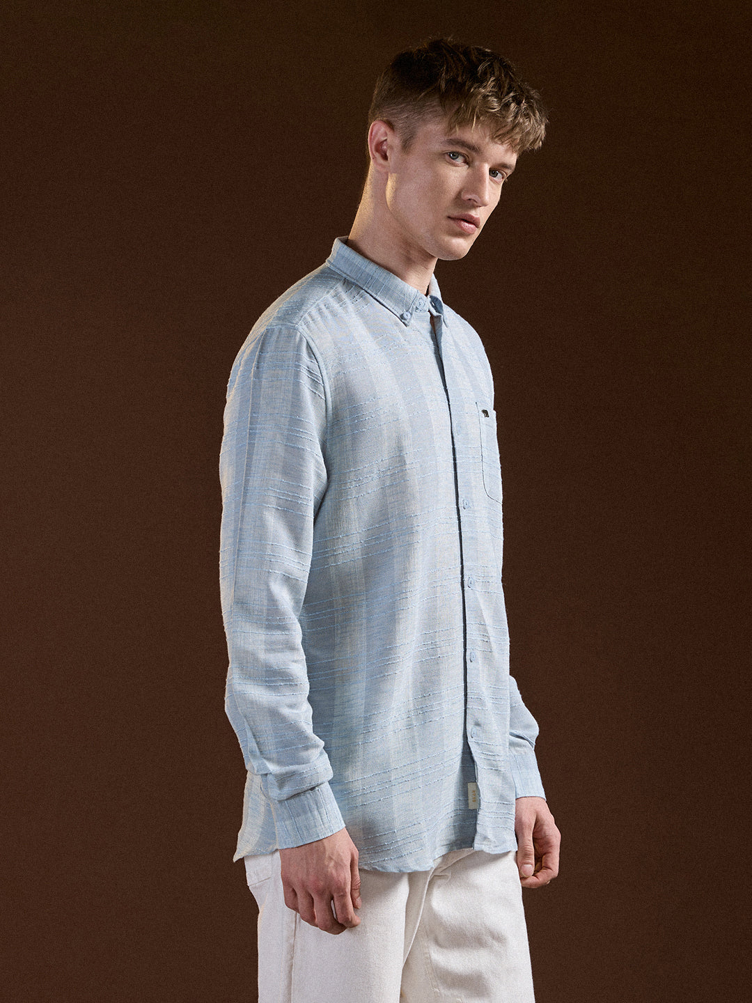 Men Light Blue Textured Stripes Slim Fit Casual Shirt