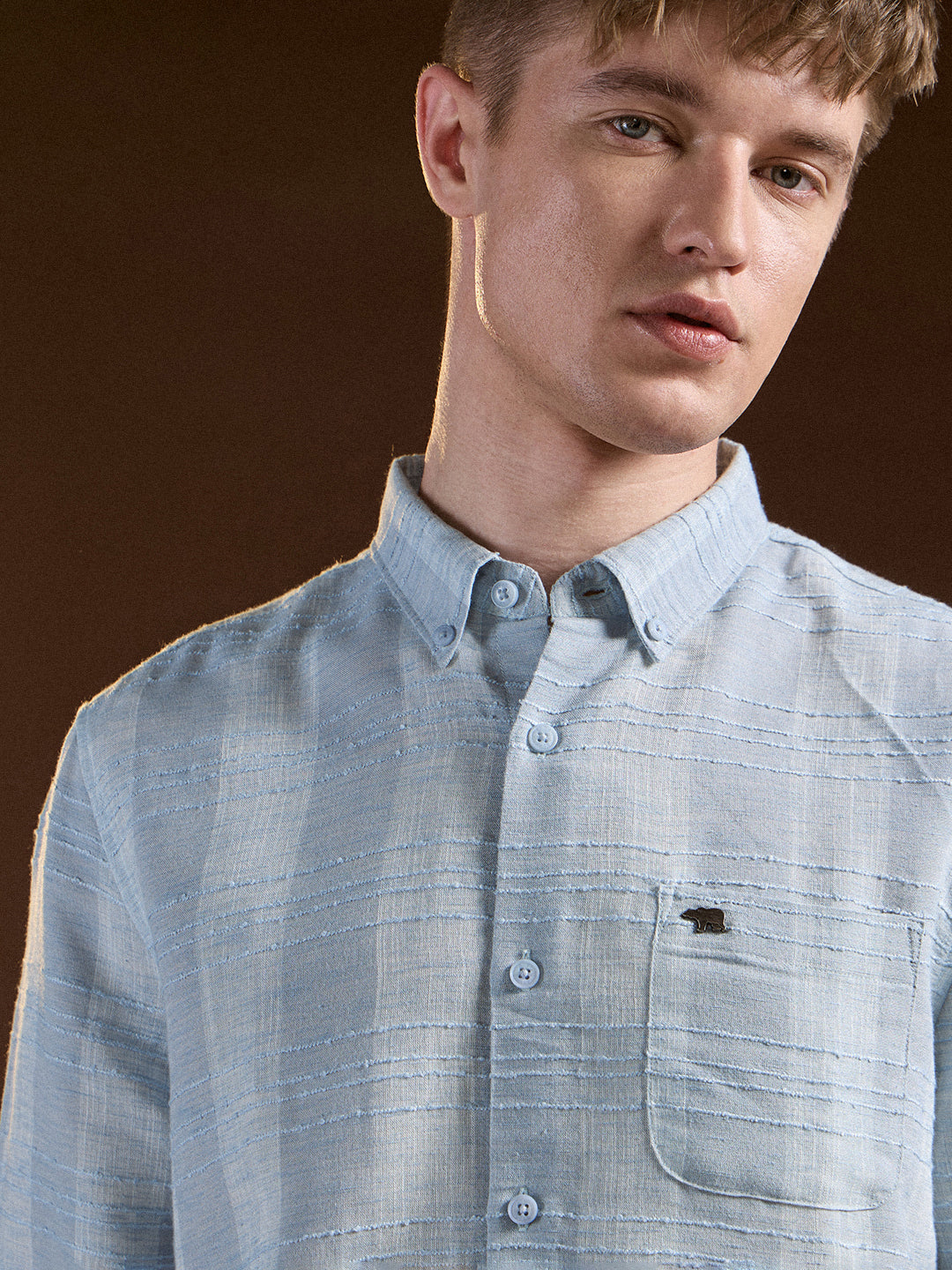 Men Light Blue Textured Stripes Slim Fit Casual Shirt