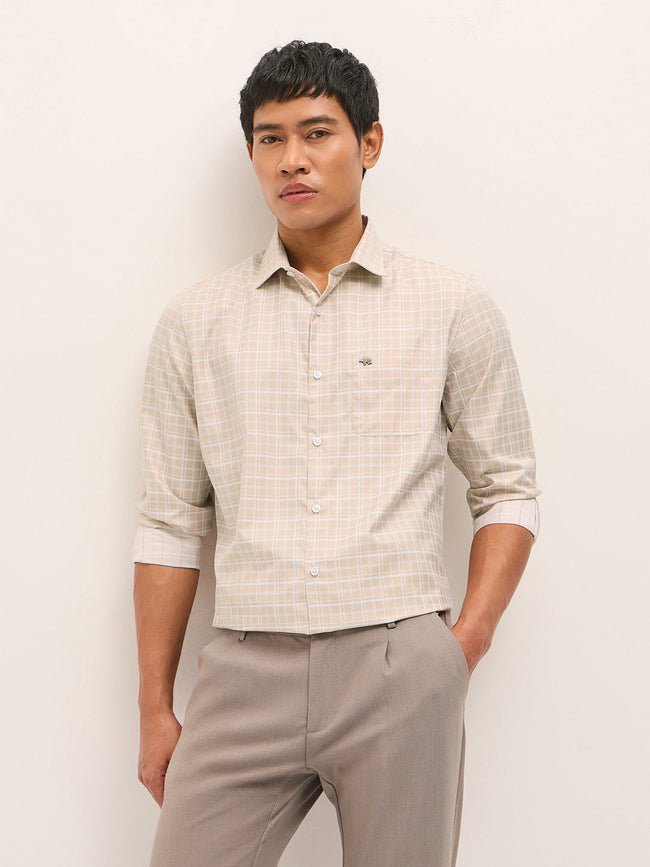 Men Beige Checked Tailored Fit Formal Shirt