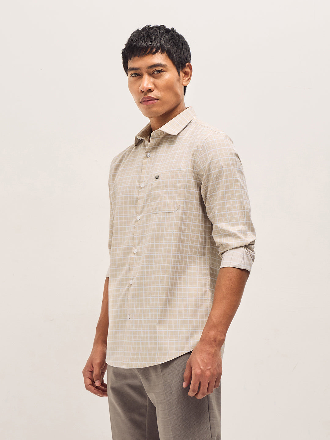 Men Beige Checked Tailored Fit Formal Shirt