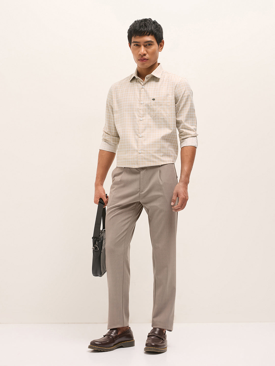 Men Beige Checked Tailored Fit Formal Shirt