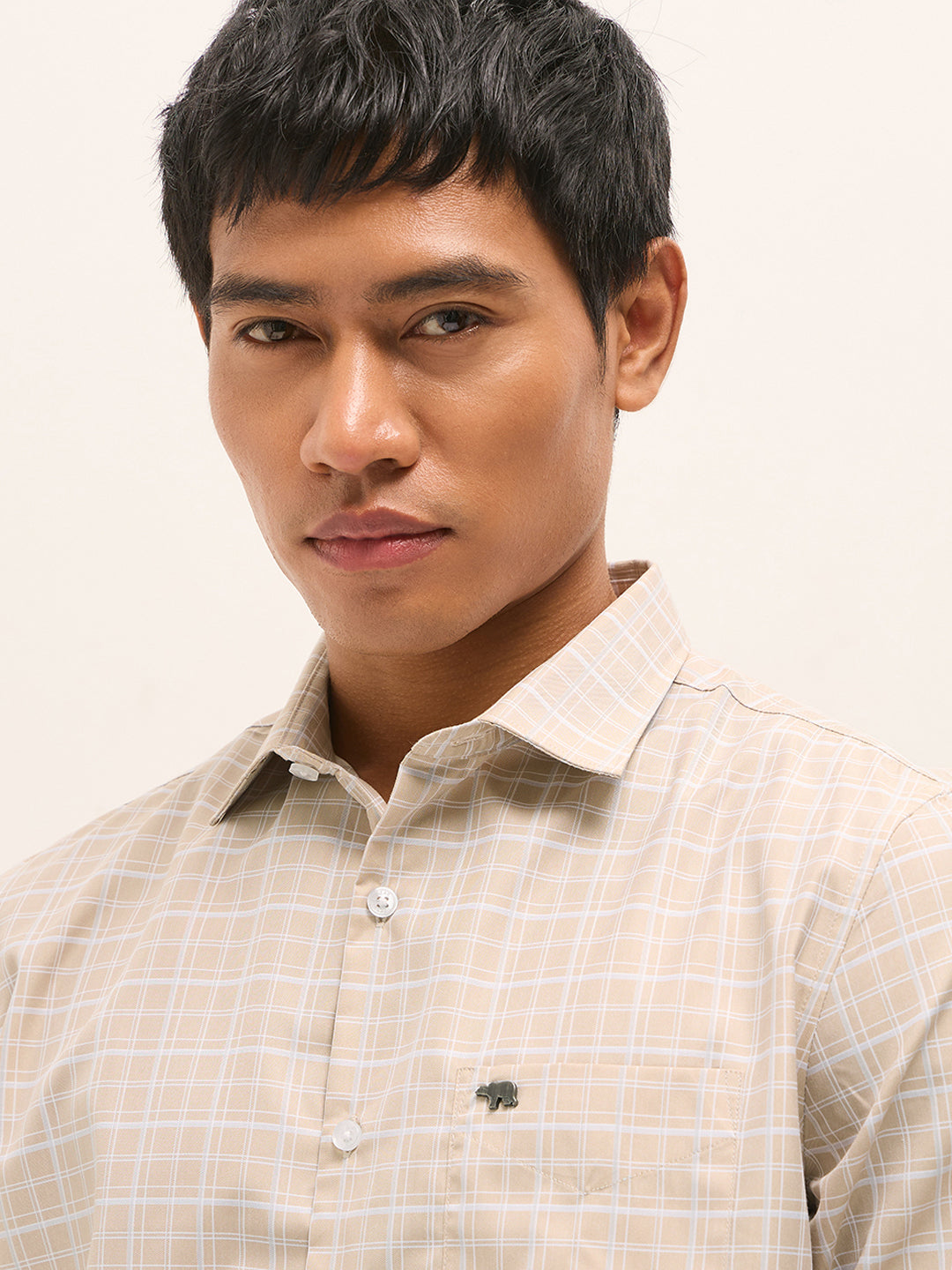 Men Beige Checked Tailored Fit Formal Shirt