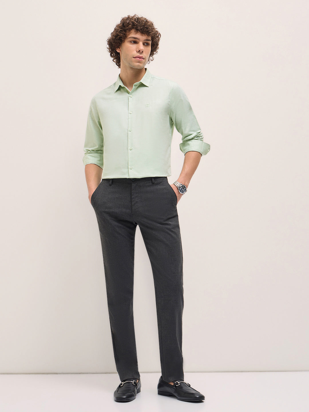 Men Shirt Pista Green Solid Tailored Fit Formal Shirt