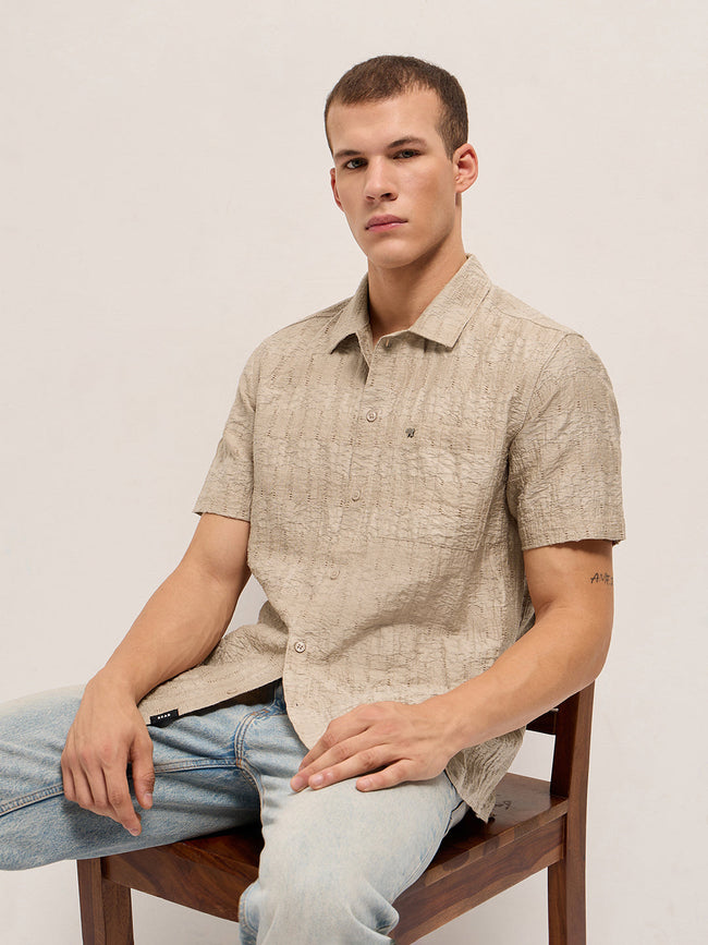Men Beige Crinkle Textured Regular Fit Half-Sleeve Casual Shirt