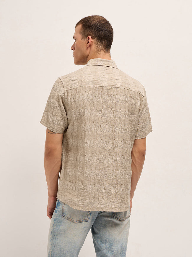 Men Beige Crinkle Textured Regular Fit Half-Sleeve Casual Shirt