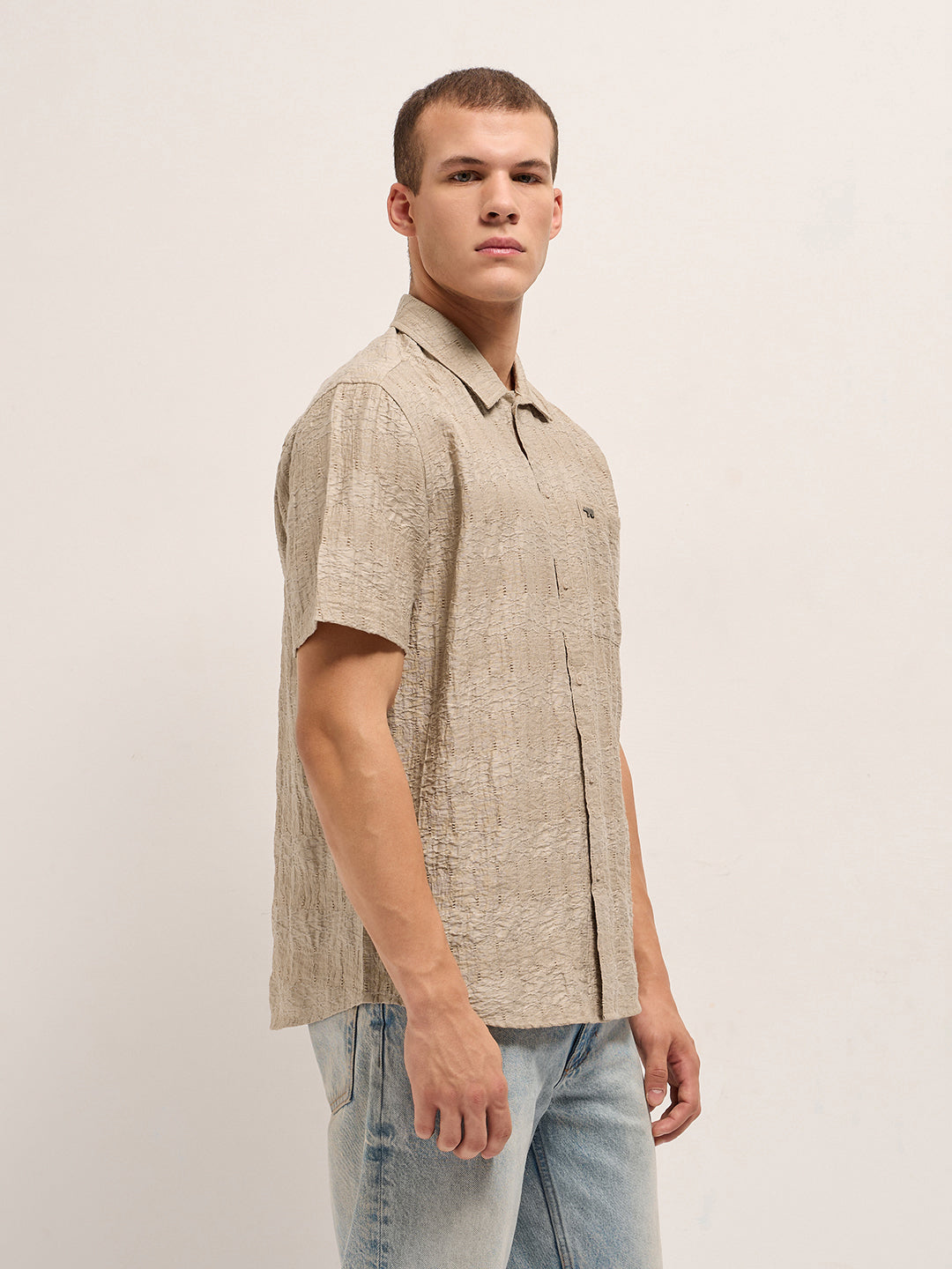 Men Beige Crinkle Textured Regular Fit Half-Sleeve Casual Shirt