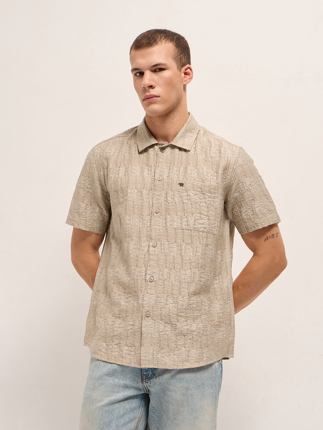 Men Beige Crinkle Textured Regular Fit Half-Sleeve Casual Shirt